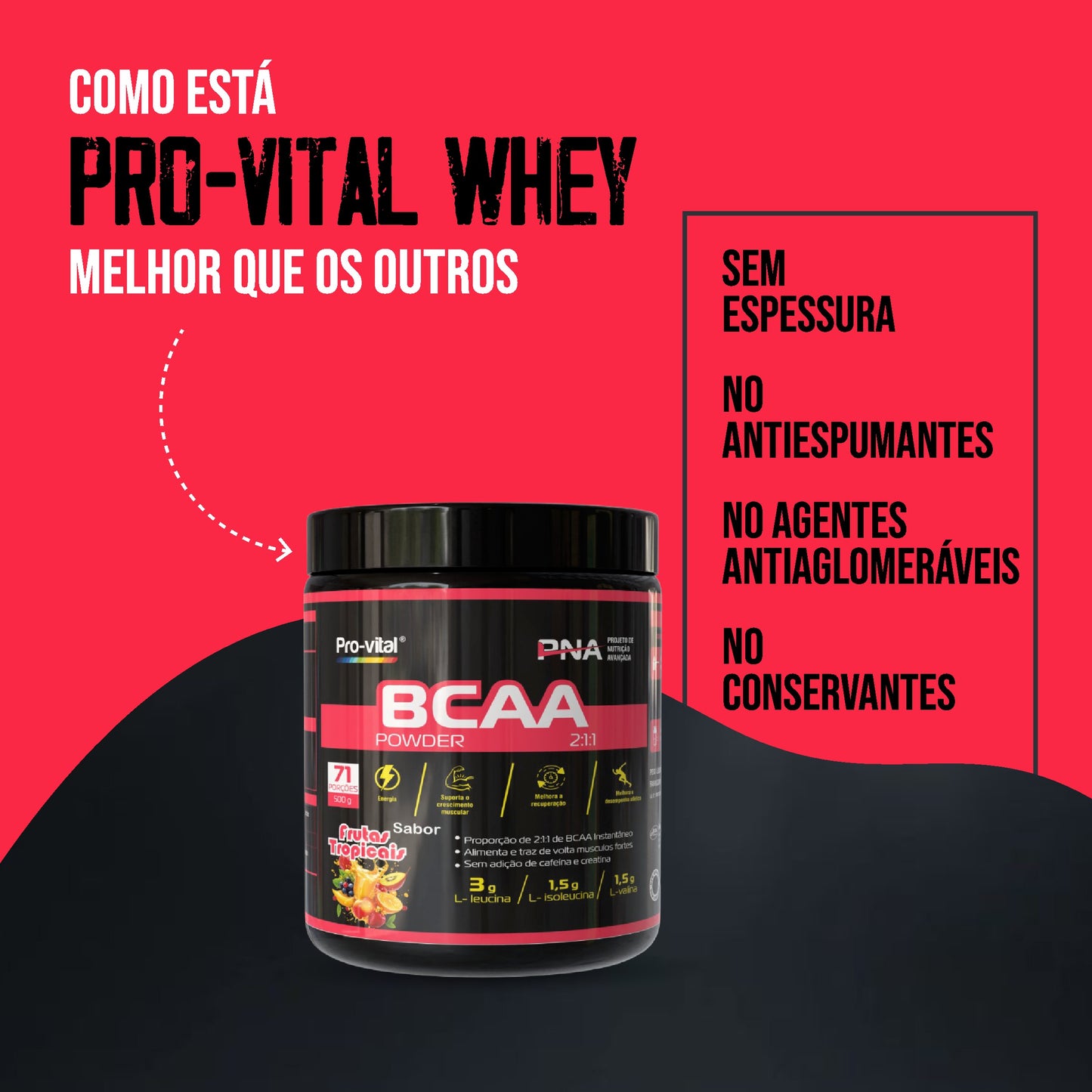 BCAA Pro-Vital comparado a outros suplementos: fórmula sem espessura, sem antiespumantes, sem agentes antiaglomerantes e sem conservantes.