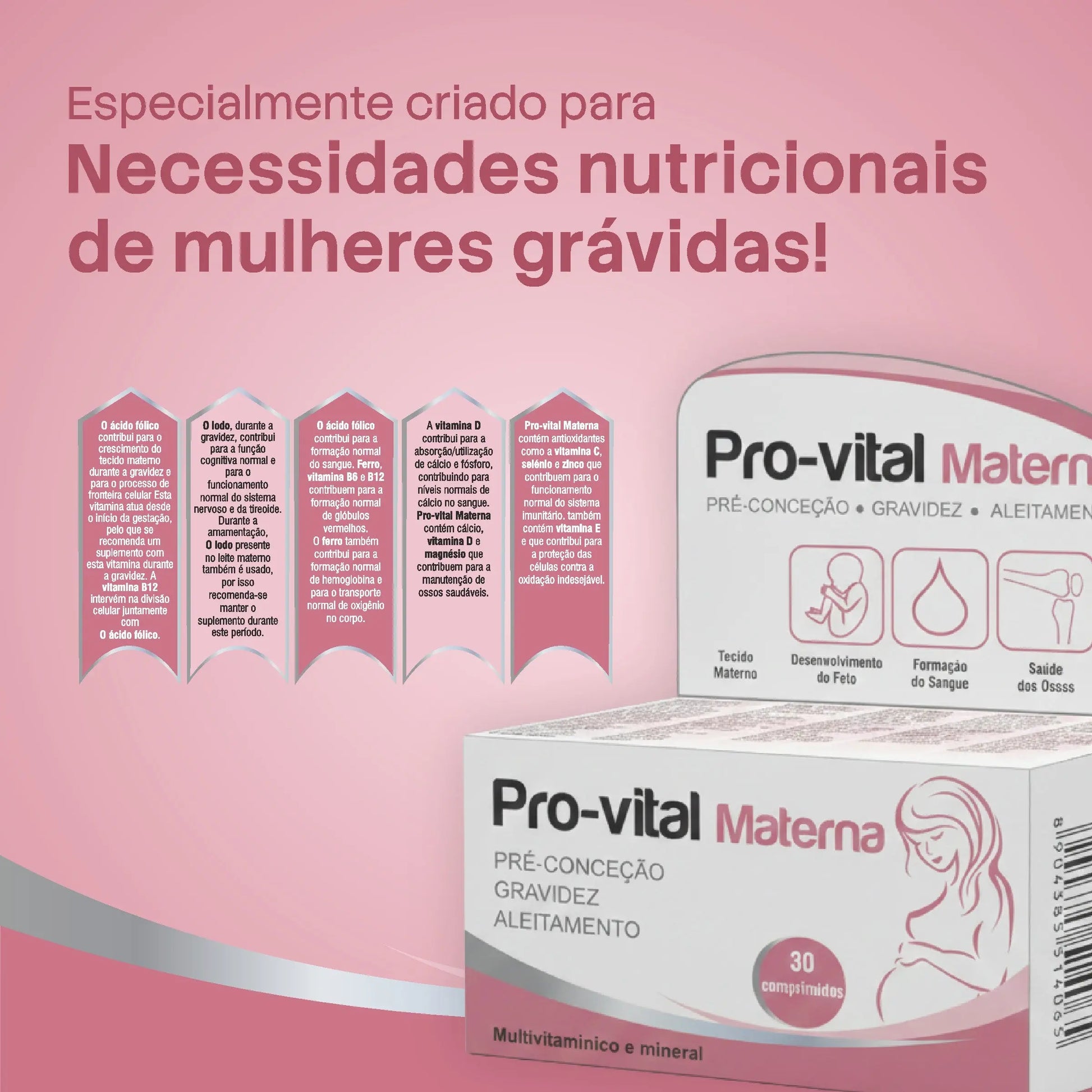 Infográfico sobre os benefícios do Ácido Fólico, Ferro, Iodo e Vitamina D para o desenvolvimento do feto e saúde materna