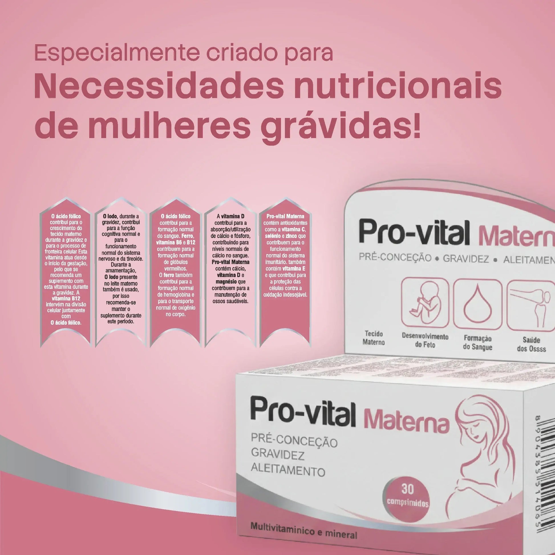 Infográfico nutricional do Pro-vital Materna detalhando a importância do ácido fólico, ferro, iodo e vitamina D durante a gravidez e aleitamento.