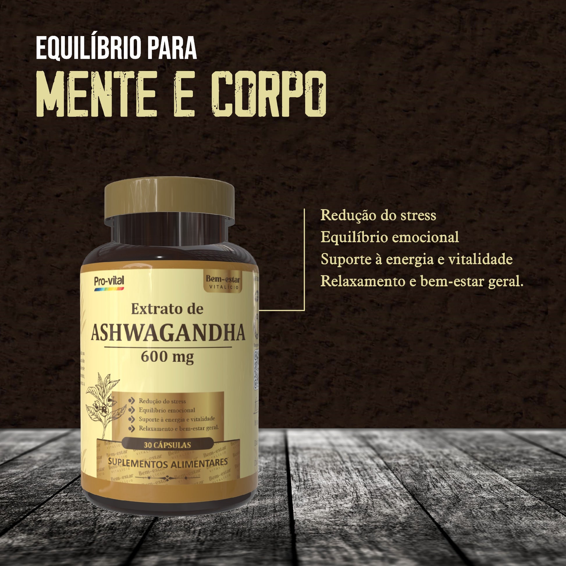 Infográfico dos benefícios da Ashwagandha Pro-vital: suporte à energia, vitalidade, equilíbrio emocional e redução de stress.