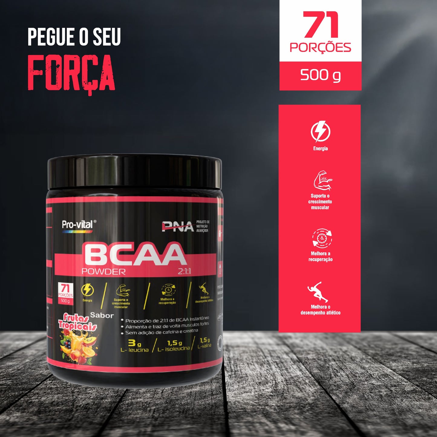 Infográfico das vantagens do BCAA Pro-Vital: aumento de energia, suporte ao crescimento muscular e melhoria na recuperação pós-treino.