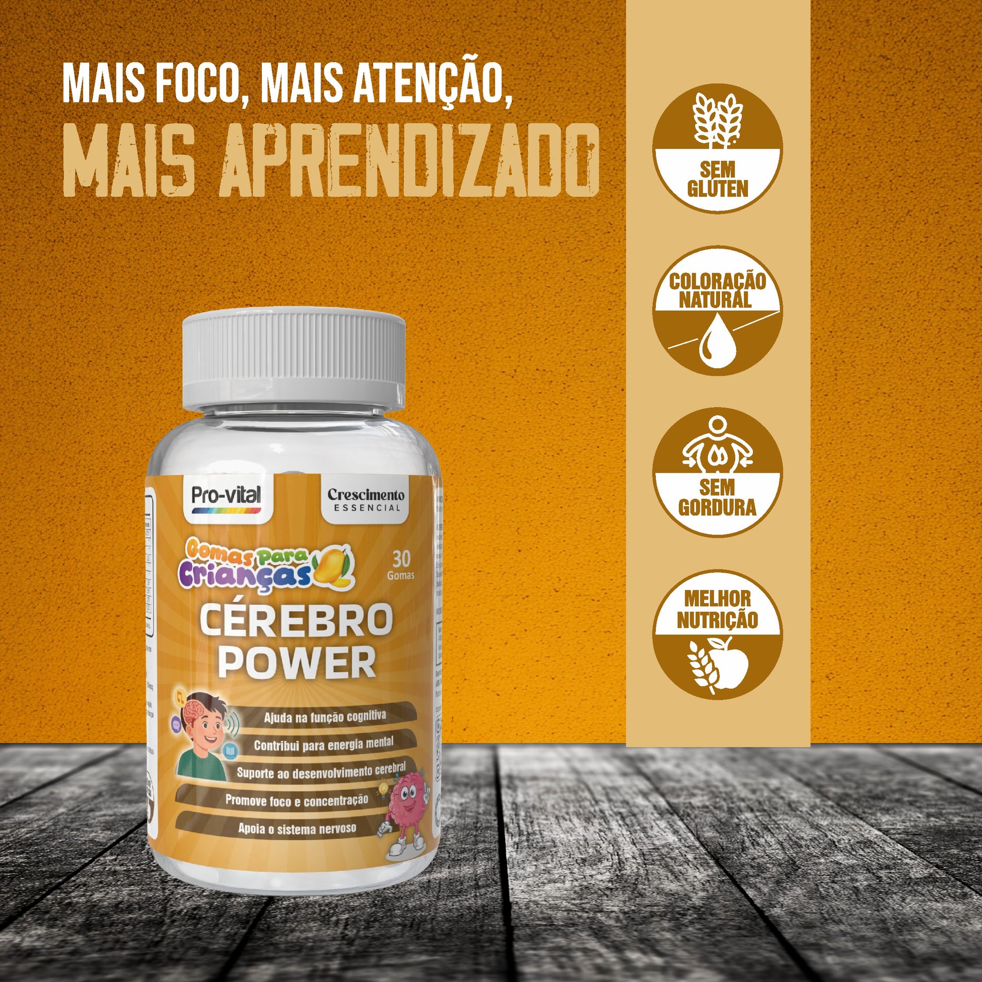 Infográfico Cérebro Power: ajuda no foco, aumenta a atenção e melhora o aprendizado; fórmula sem glúten, sem gordura e com coloração natural.
