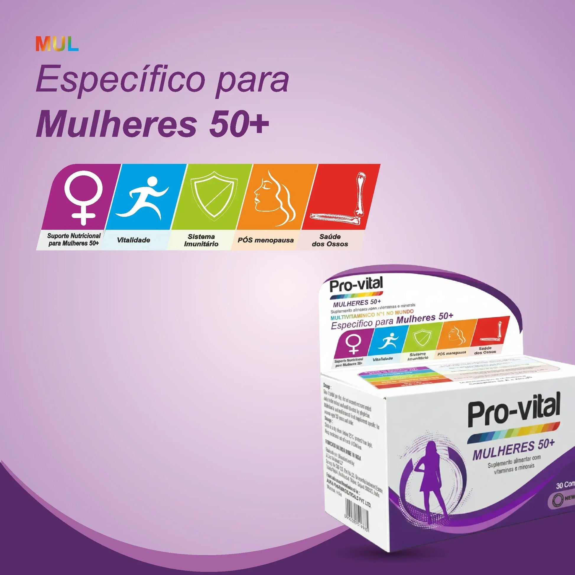 Ícones informativos do suplemento Pro-vital Mulheres 50+ focados na saúde dos ossos, suporte nutricional e bem-estar na menopausa.