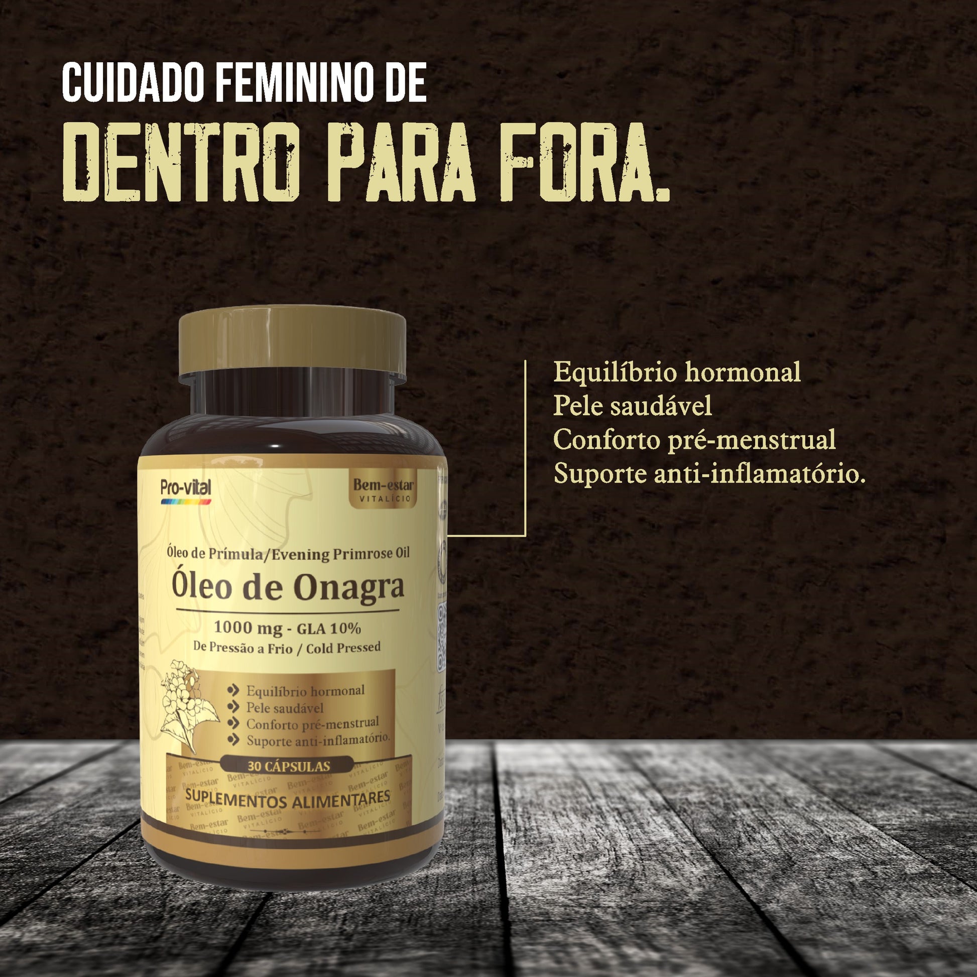 Infográfico dos benefícios do Óleo de Onagra Pro-vital: conforto pré-menstrual, pele saudável e suporte anti-inflamatório.