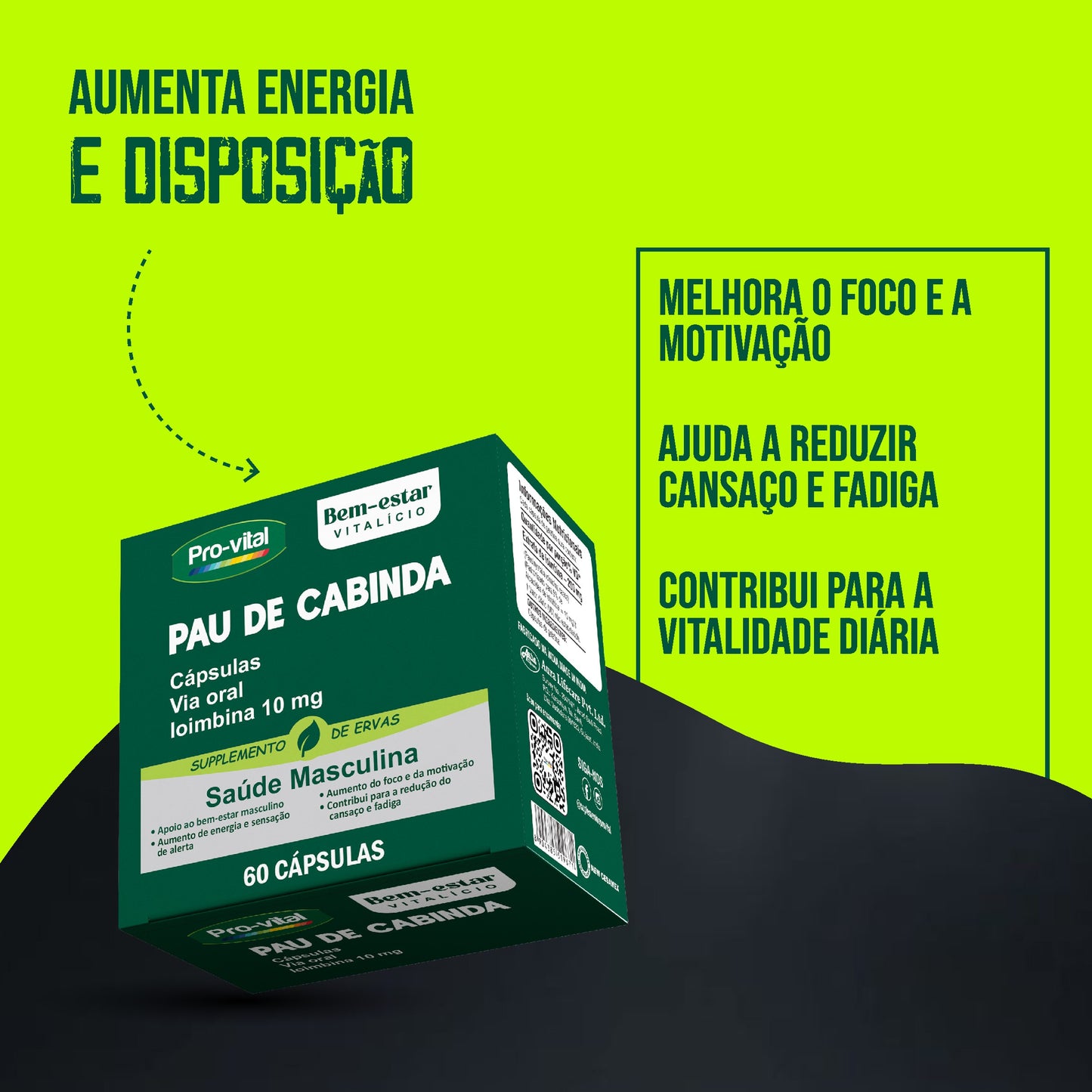 Infográfico Pau de Cabinda: melhora o foco, aumenta a motivação e ajuda a reduzir o cansaço e a fadiga diária para homens ativos.