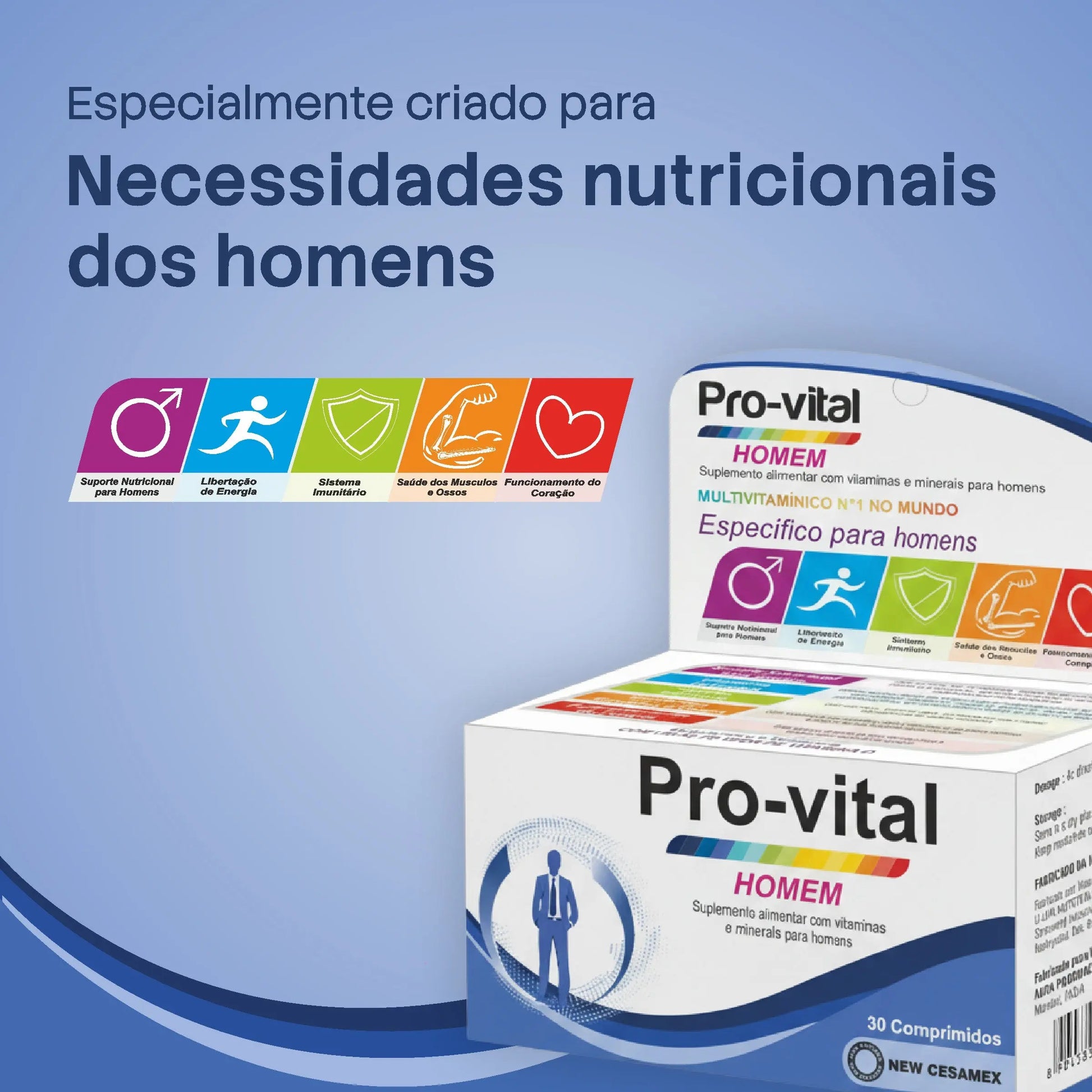 Embalagem Pro-Vital Homem com ícones de benefícios: Energia, Imunidade, Músculos, Ossos e Funcionamento do Coração.