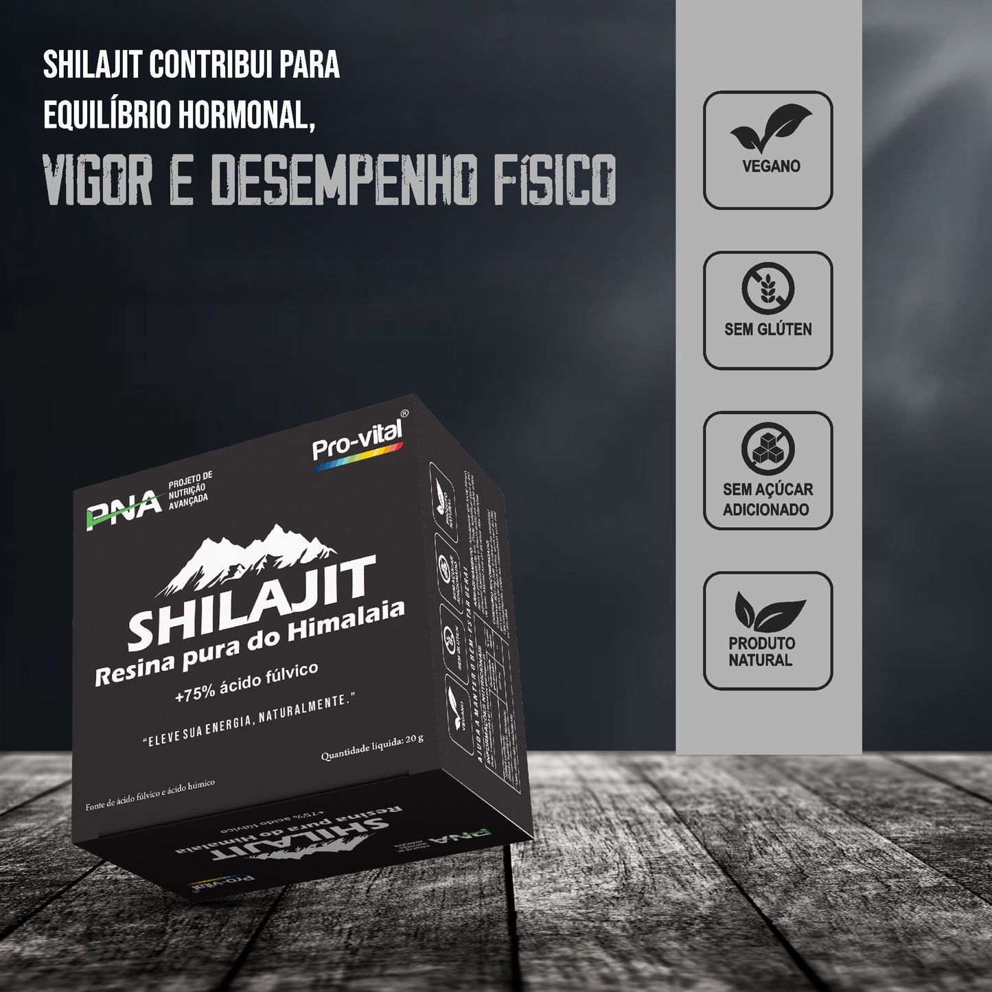 Benefícios do Shilajit para o equilíbrio hormonal e desempenho físico; produto vegano, sem glúten e sem açúcar adicionado.