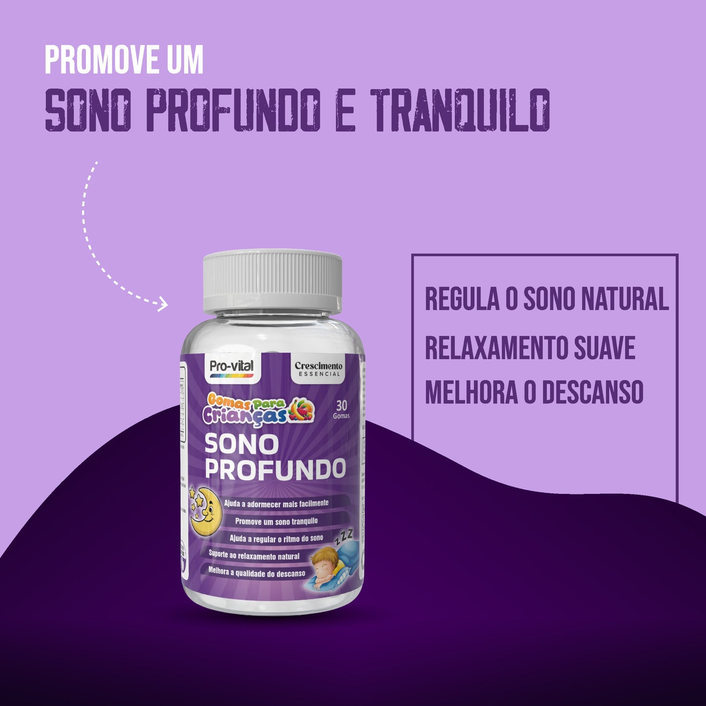 Infográfico Sono Profundo: regula o sono natural, oferece relaxamento suave e melhora a qualidade do descanso infantil.