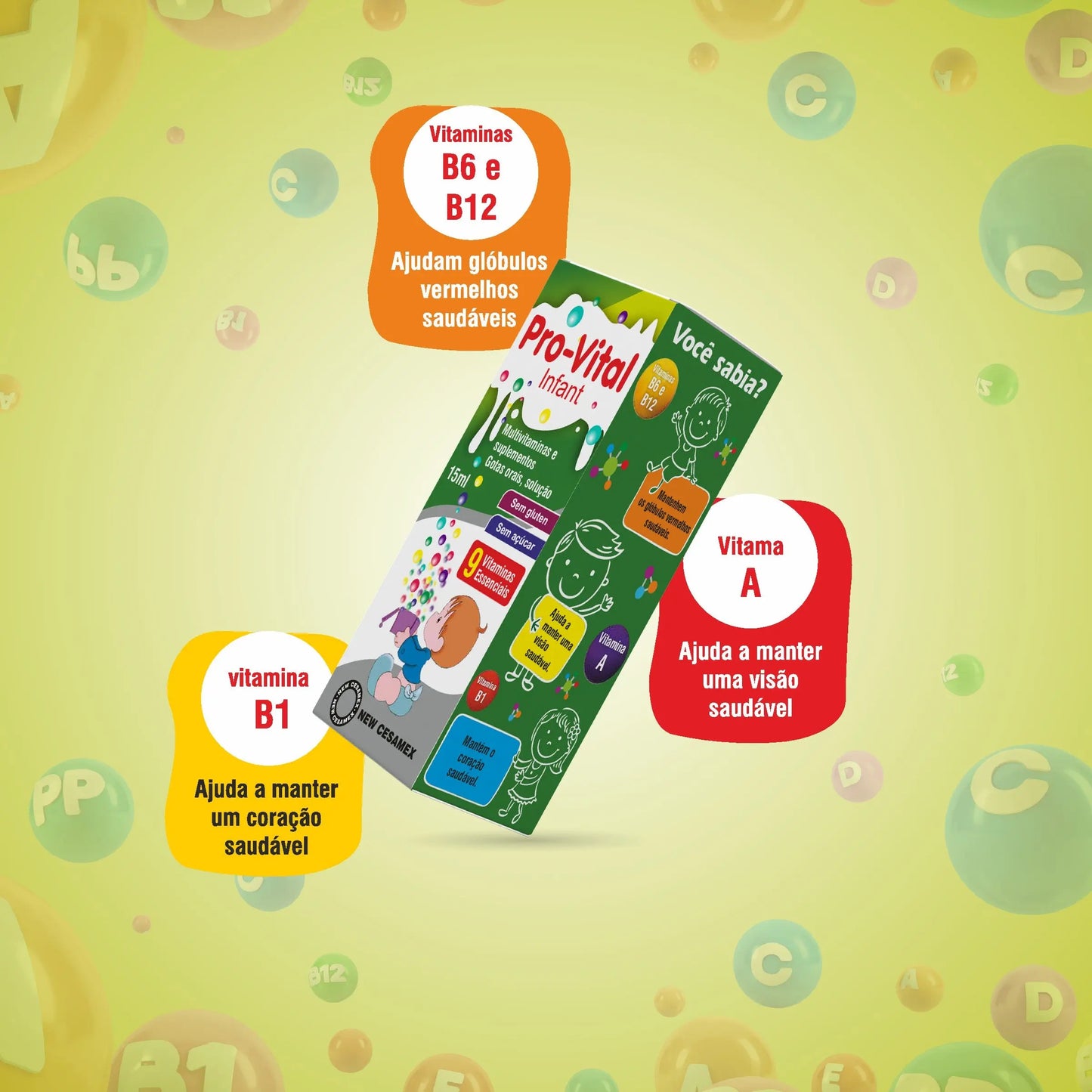 Infográfico das vitaminas B1, B6, B12 e A no Pro-Vital Infantil, essenciais para a visão e glóbulos vermelhos.