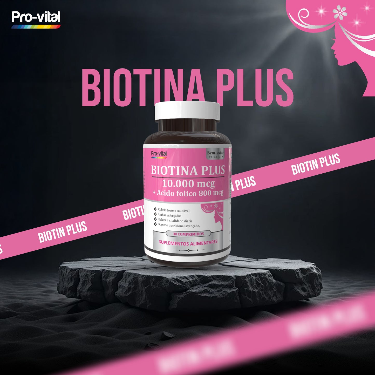 Suplemento Biotina Plus 10.000 mcg e Ácido Fólico 800 mcg Pro-vital, ideal para fortalecer o cabelo e as unhas, embalagem de 30 comprimidos.