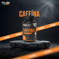 Frasco de Cafeína PNA posicionado sobre uma rocha num cenário de estúdio escuro e atmosférico com faixas promocionais cor de laranja.
