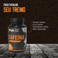 Embalagem de Cafeína em cápsulas PNA sobre uma mesa de madeira, destacando os benefícios de energia intensa, foco mental e performance diária para o treino.