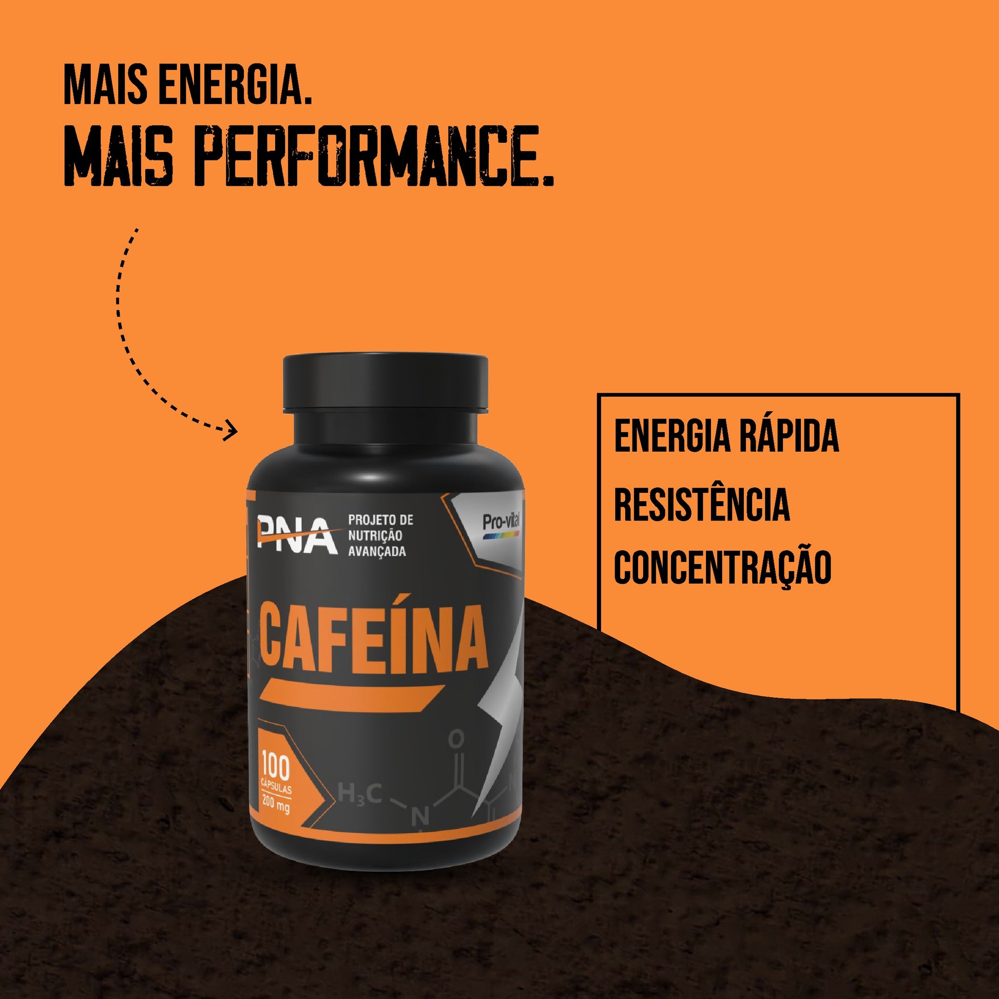 Infográfico publicitário do frasco de Cafeína PNA sobre fundo laranja com os benefícios de energia rápida, resistência e concentração.