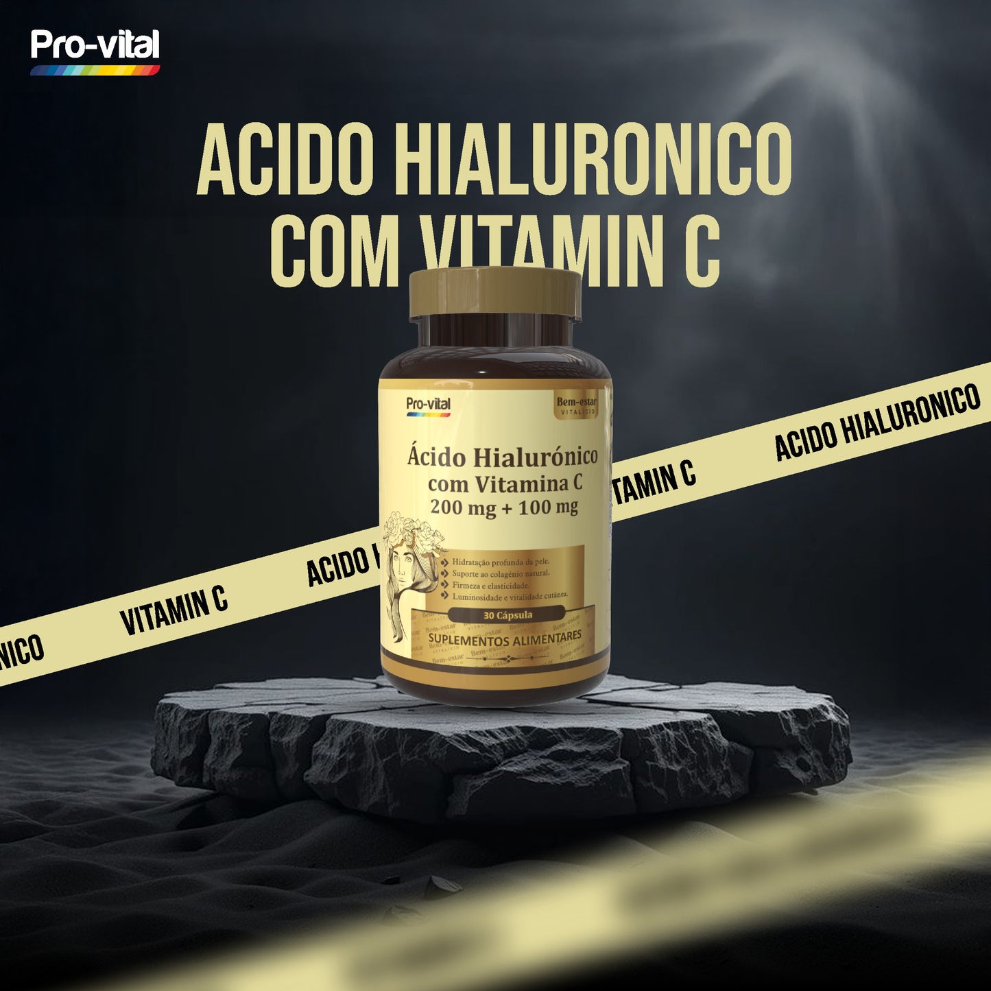Embalagem de Ácido Hialurónico com Vitamina C da Pro-vital sobre uma superfície de madeira, promovendo a hidratação profunda da pele e o suporte ao colagénio.