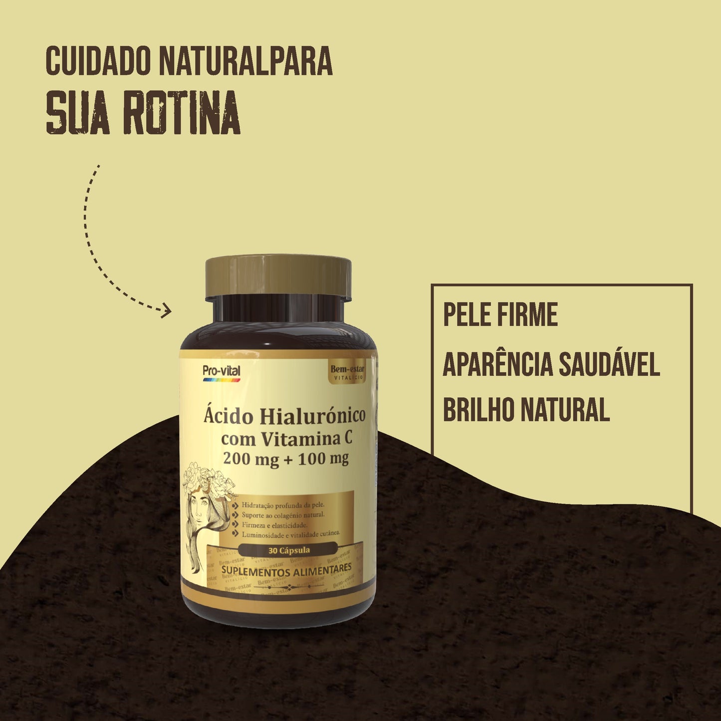 Embalagem de Ácido Hialurónico com Vitamina C da Pro-vital sobre uma superfície de madeira, promovendo a hidratação profunda da pele e o suporte ao colagénio.