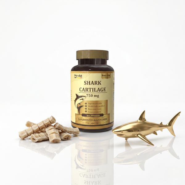 Frasco de Cartilagem de Tubarão 750mg Pro-vital de 30 cápsulas, ao lado de pequenos ossos de cartilagem e uma miniatura dourada de tubarão num fundo branco.