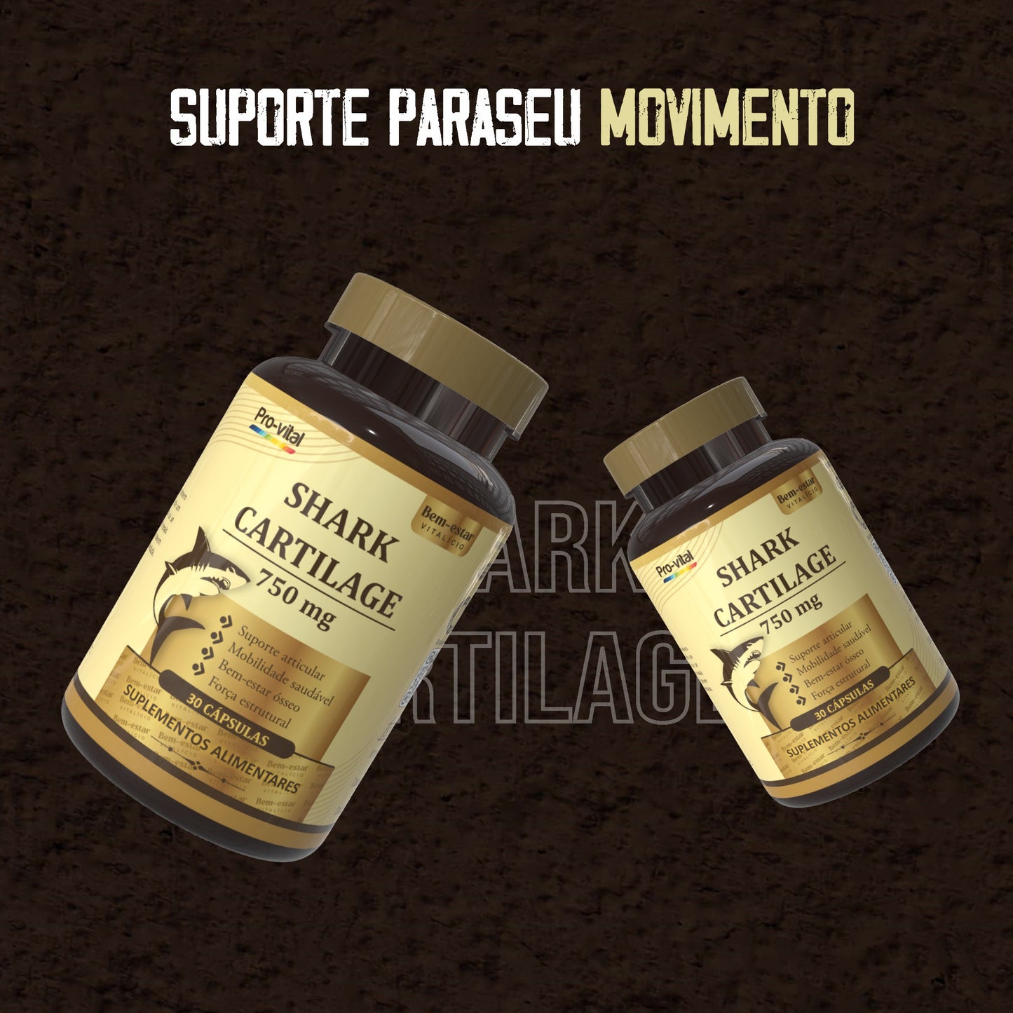 Dois frascos do suplemento alimentar Shark Cartilage Pro-vital de 750mg dispostos de forma inclinada com o slogan de suporte para o seu movimento.