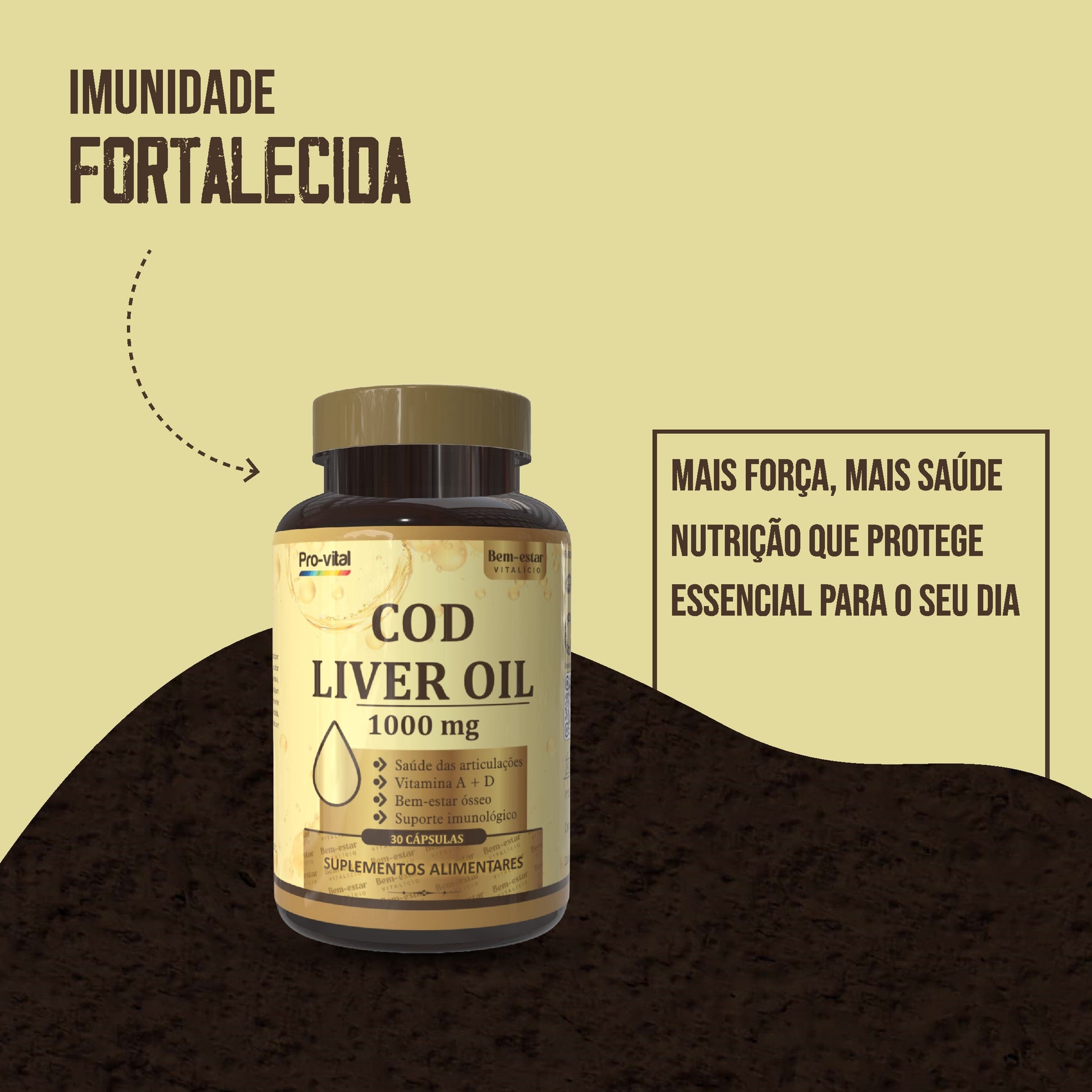 Suplemento Cod Liver Oil Pro-vital para imunidade fortalecida, proporcionando nutrição que protege e vitalidade para o corpo.