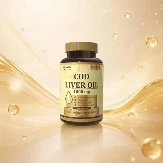 Óleo de fígado de bacalhau 1000mg Pro-vital em cápsulas, suplemento rico em Vitaminas A e D para suporte imunológico e saúde óssea.
