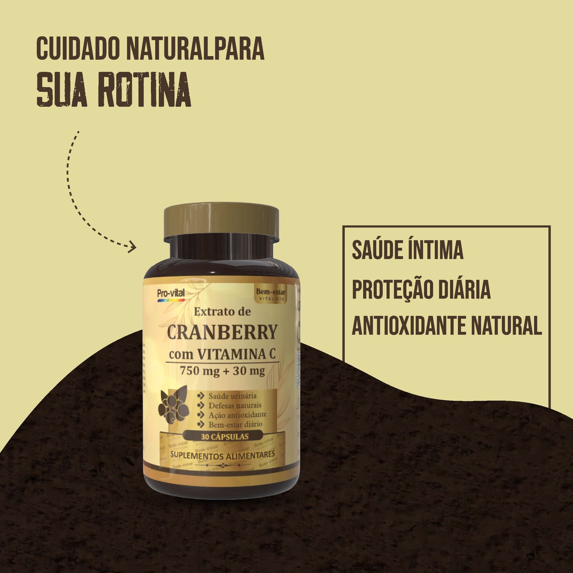 Embalagem de Extrato de Cranberry com Vitamina C sobre uma superfície de madeira, destacando os benefícios para a saúde urinária e defesas naturais.
