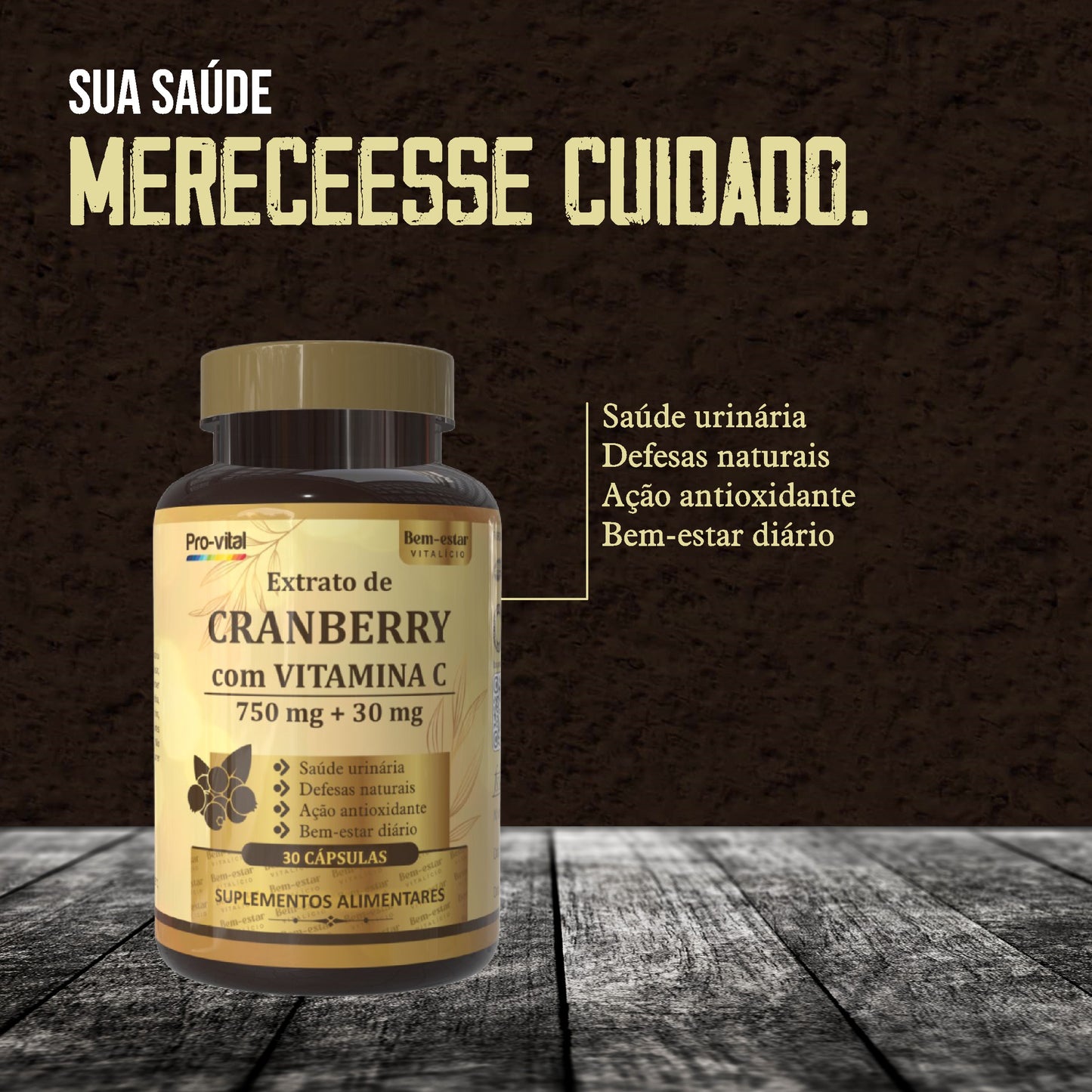 Infográfico do suplemento de Cranberry Pro-vital com os benefícios de saúde íntima, proteção diária e ação antioxidante natural.