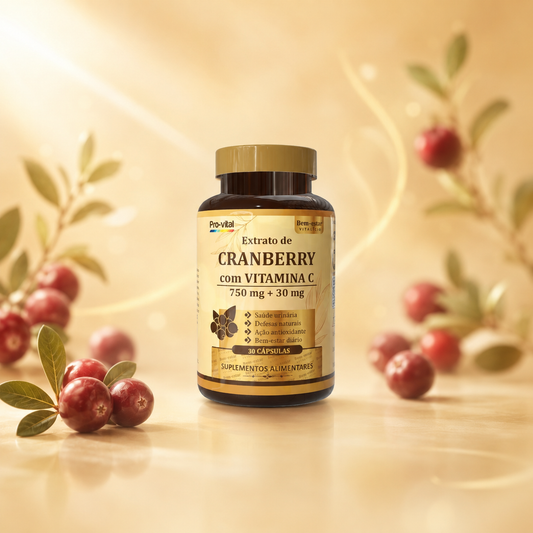 Frasco de Extrato de Cranberry com Vitamina C Pro-vital posicionado sobre uma rocha num cenário cinematográfico com iluminação de destaque.