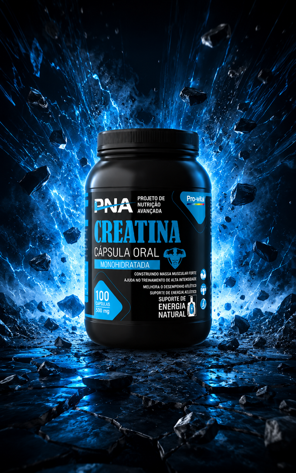 Pote de Creatina Monohidratada em cápsulas da PNA Pro-vital com efeito visual de energia azul e pedras flutuantes.