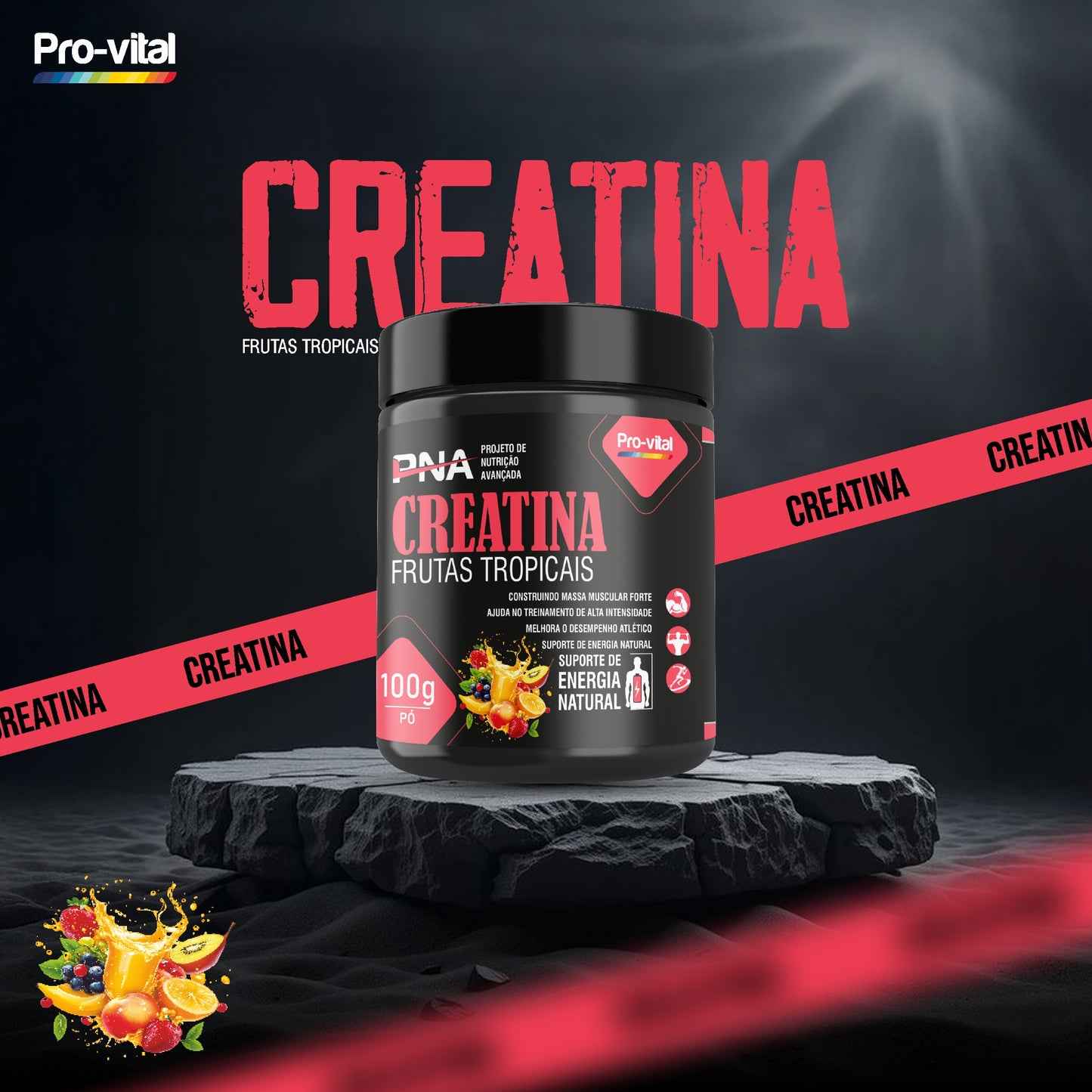Creatina Monohidratada Pro-vital PNA sabor Frutas Tropicais, embalagem de 100g em pó para suporte de energia natural e massa muscular.