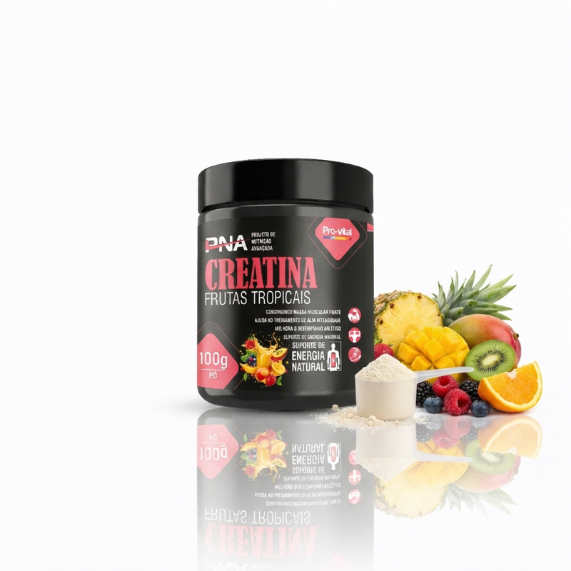 Creatina Monohidratada Pro-vital PNA em pó com scoop de serviço e frutas tropicais ilustrativas para suplementação desportiva.