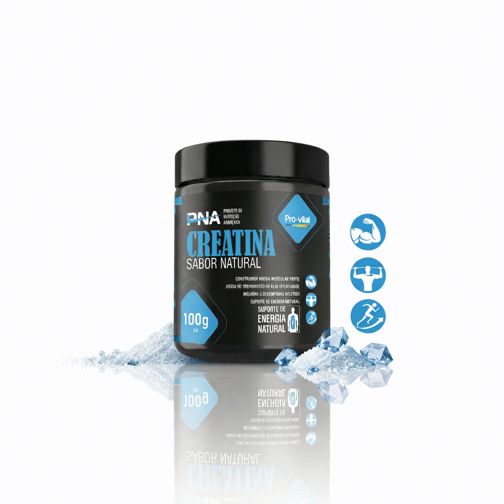 Frasco de Creatina Monohidratada Pro-vital PNA Sabor Natural sobre fundo branco com cristais ilustrativos e ícones de performance física.