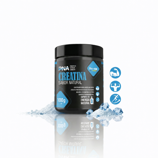 Frasco de Creatina Monohidratada Pro-vital PNA Sabor Natural sobre fundo branco com cristais ilustrativos e ícones de performance física.