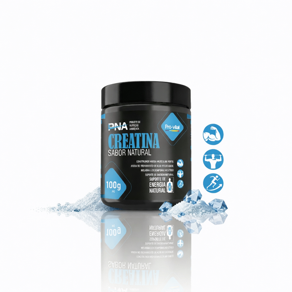 Frasco de Creatina Monohidratada Pro-vital PNA Sabor Natural sobre fundo branco com cristais ilustrativos e ícones de performance física.
