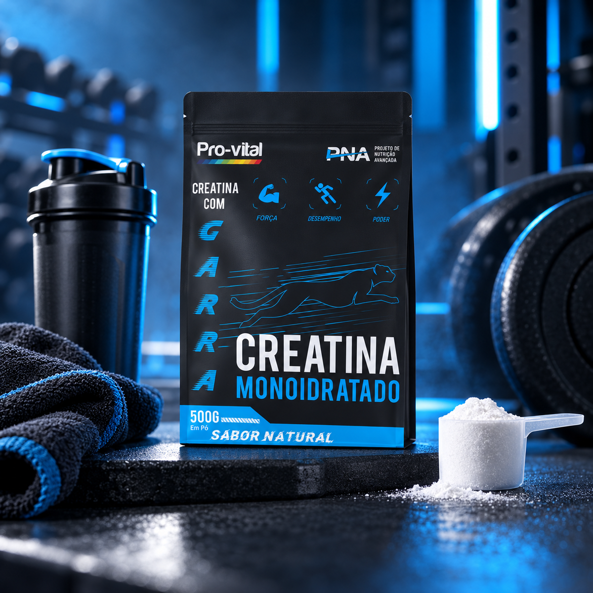 Embalagem de Creatina Monoidratada Pro-vital 500g com dosador de pó e coqueteleira em ambiente de academia.