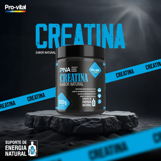 Creatina Monohidratada Pro-vital PNA Sabor Natural, embalagem de 100g em pó para suporte de energia natural e construção de massa muscular.