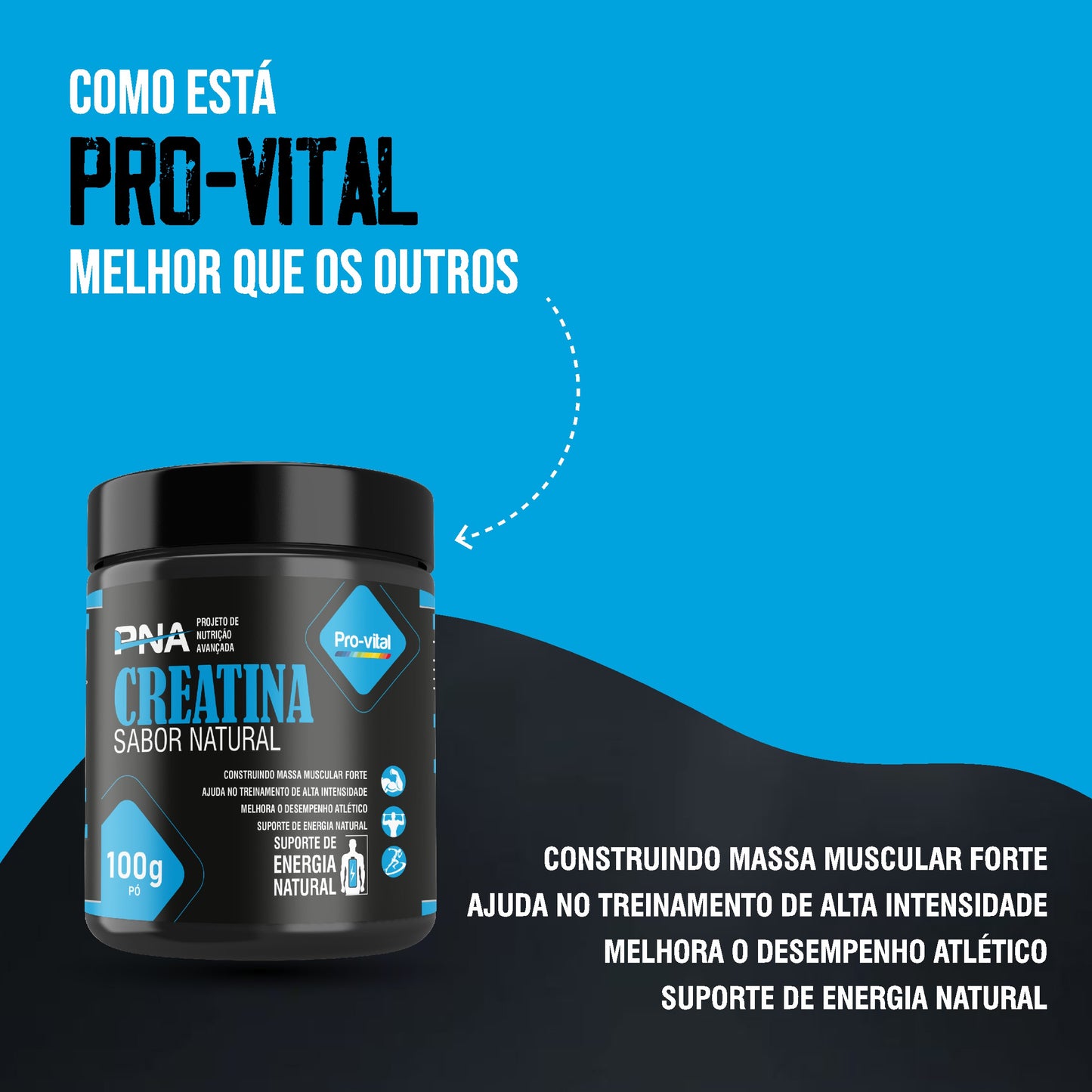 Creatina Pro-vital Sabor Natural 100g, suplemento focado na construção de massa muscular forte e aumento da performance desportiva.