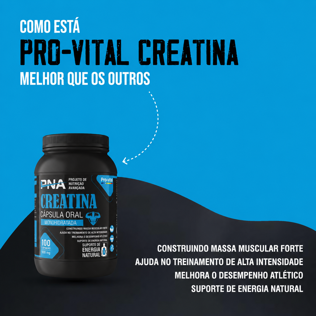 Infográfico da Creatina PNA destacando o suporte de energia natural e a construção de massa muscular forte.