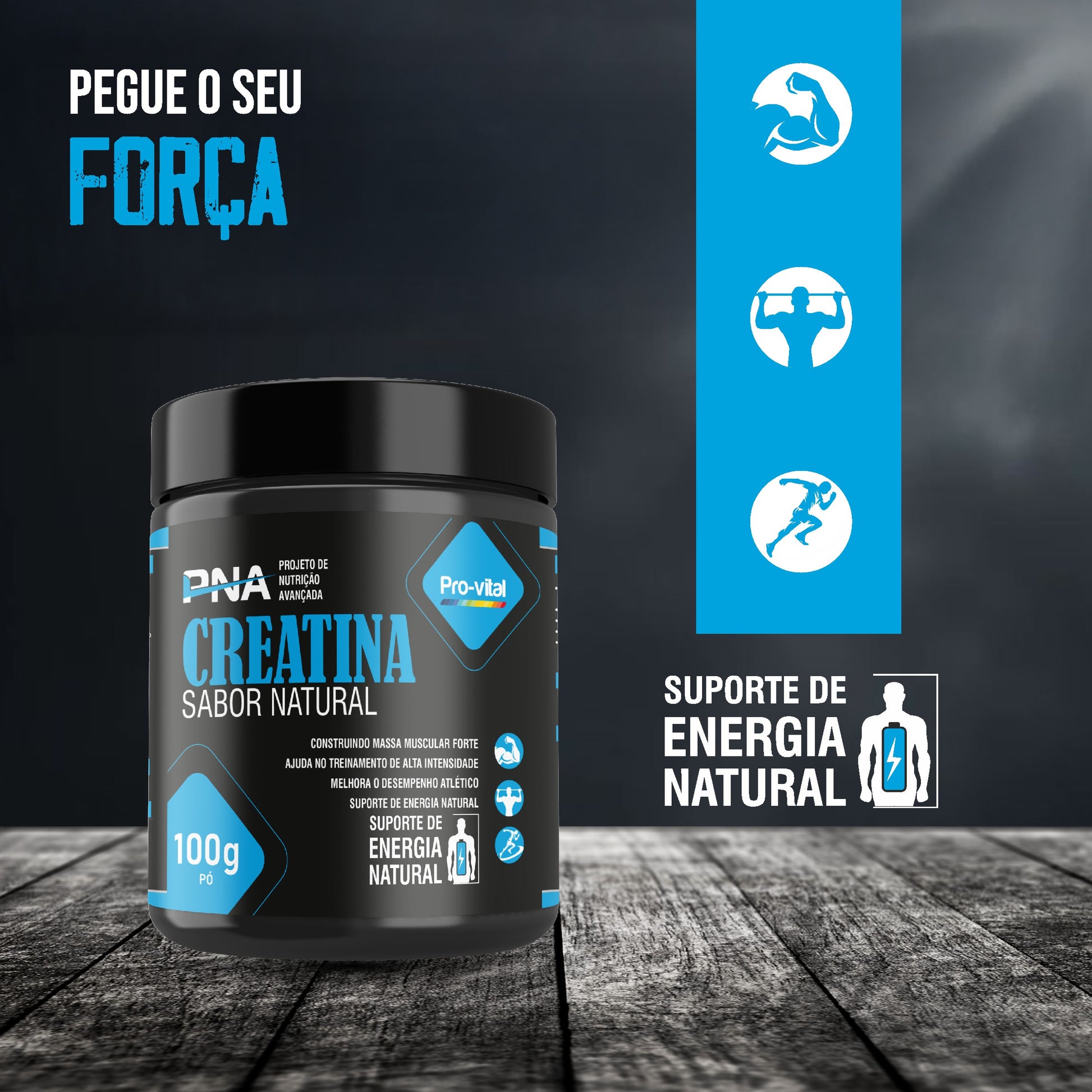 Suplemento de Creatina Natural Pro-vital PNA para melhoria do desempenho atlético e suporte de energia natural de alta intensidade.