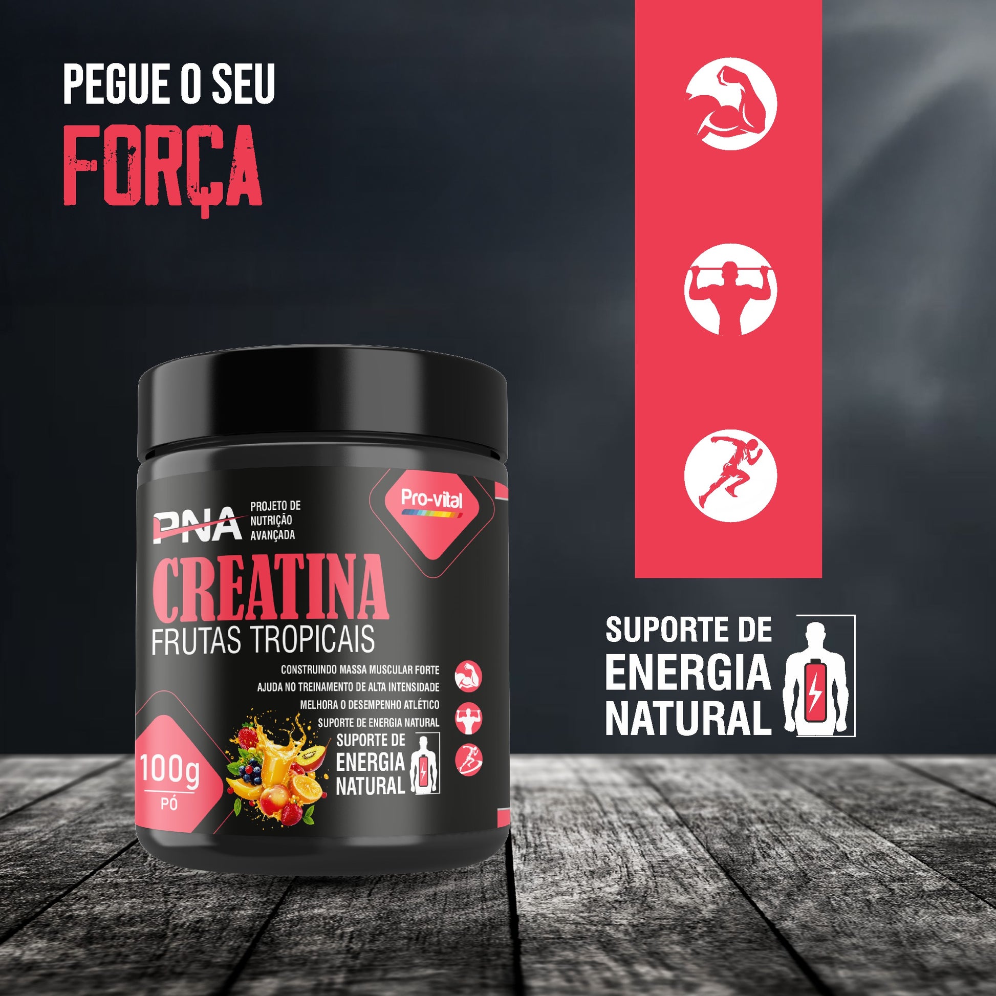 Suplemento de Creatina Pro-vital PNA com foco em suporte de energia natural e melhoria do desempenho atlético.