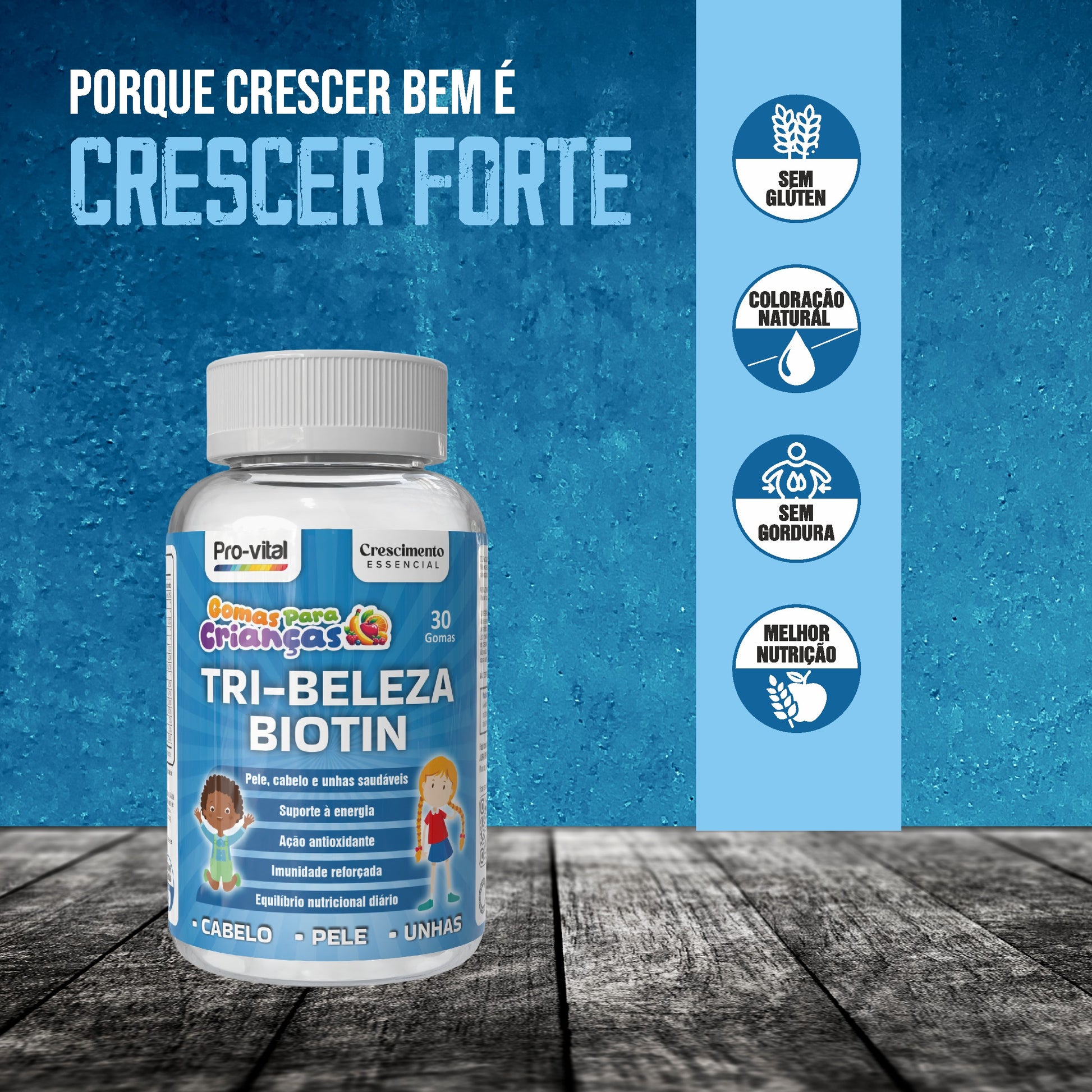 Benefícios do Tri-Beleza Biotin: ajuda a crescer forte, fórmula sem glúten, sem gordura e com coloração 100% natural.