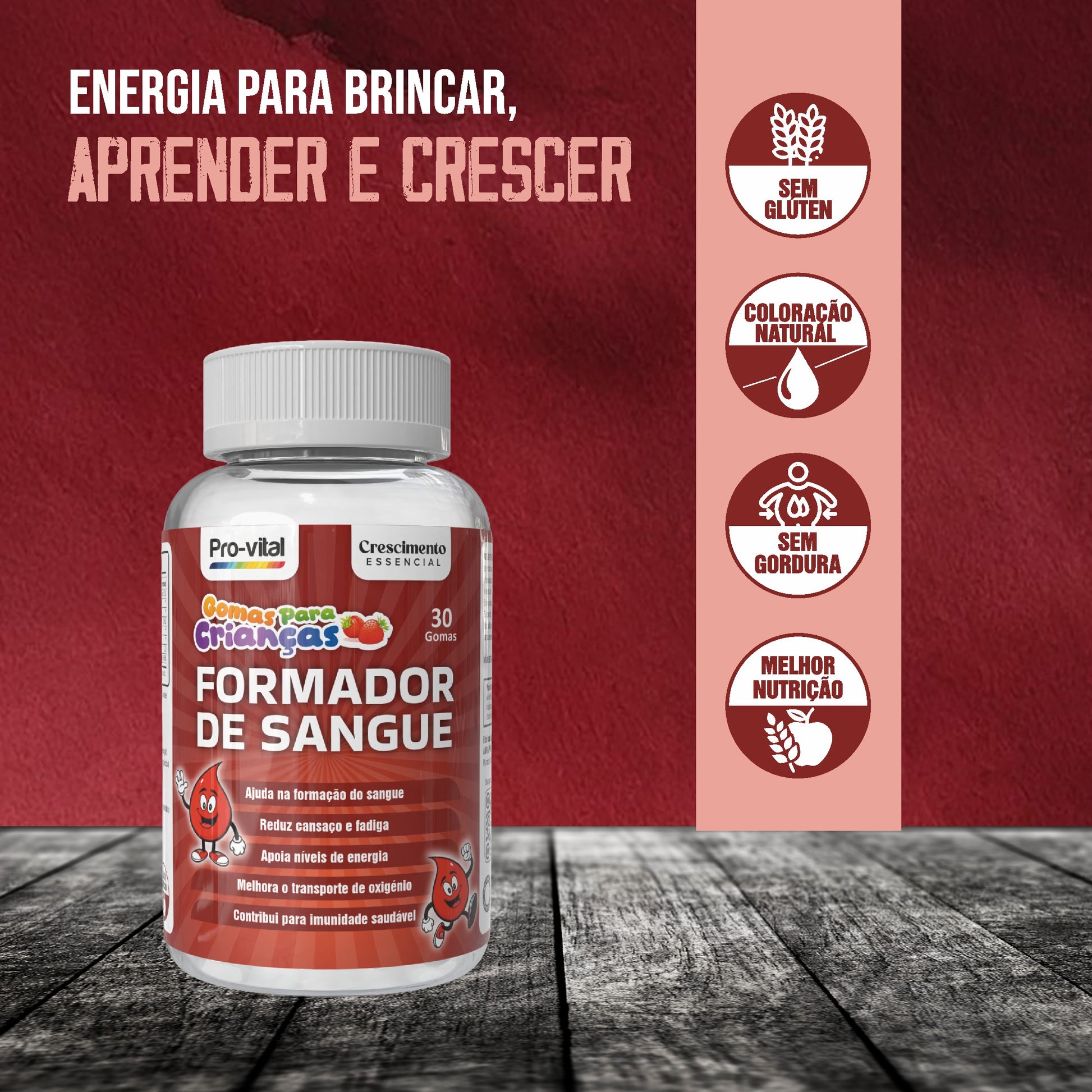 Gomas Formador de Sangue Pro-Vital para energia ao brincar e aprender; fórmula sem glúten, sem gordura e com coloração natural.