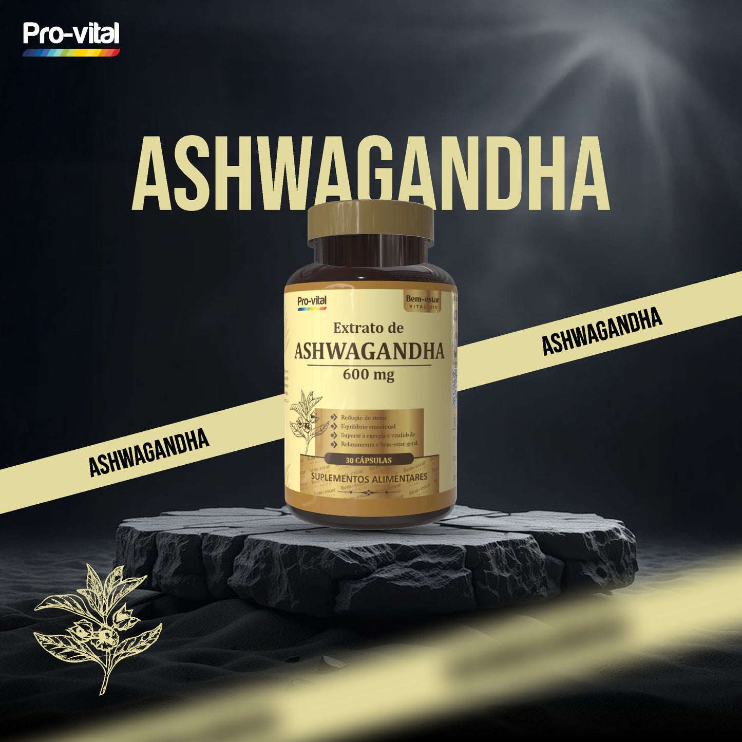 Extrato de Ashwagandha 600mg Pro-vital em cápsulas, suplemento alimentar para redução do stress e equilíbrio emocional.
