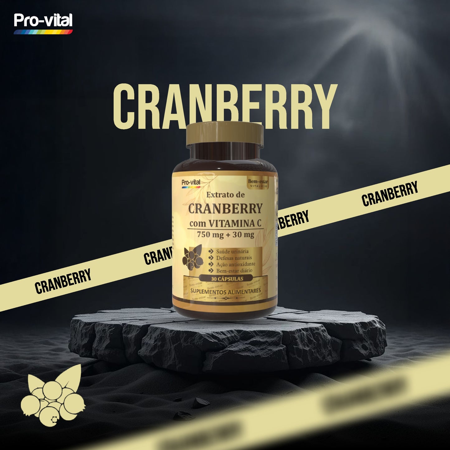 Frasco de Extrato de Cranberry com Vitamina C Pro-vital posicionado sobre uma rocha num cenário cinematográfico com iluminação de destaque.