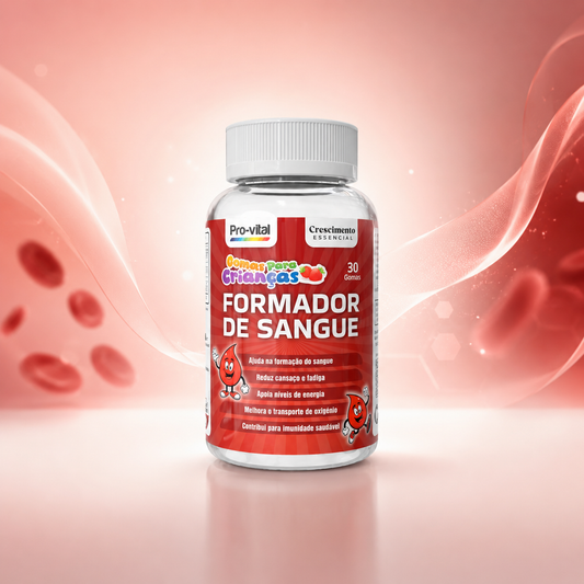 Gomas Formador de Sangue Pro-Vital para crianças, suplemento de ferro com 30 gomas sabor morango para suporte ao crescimento saudável.