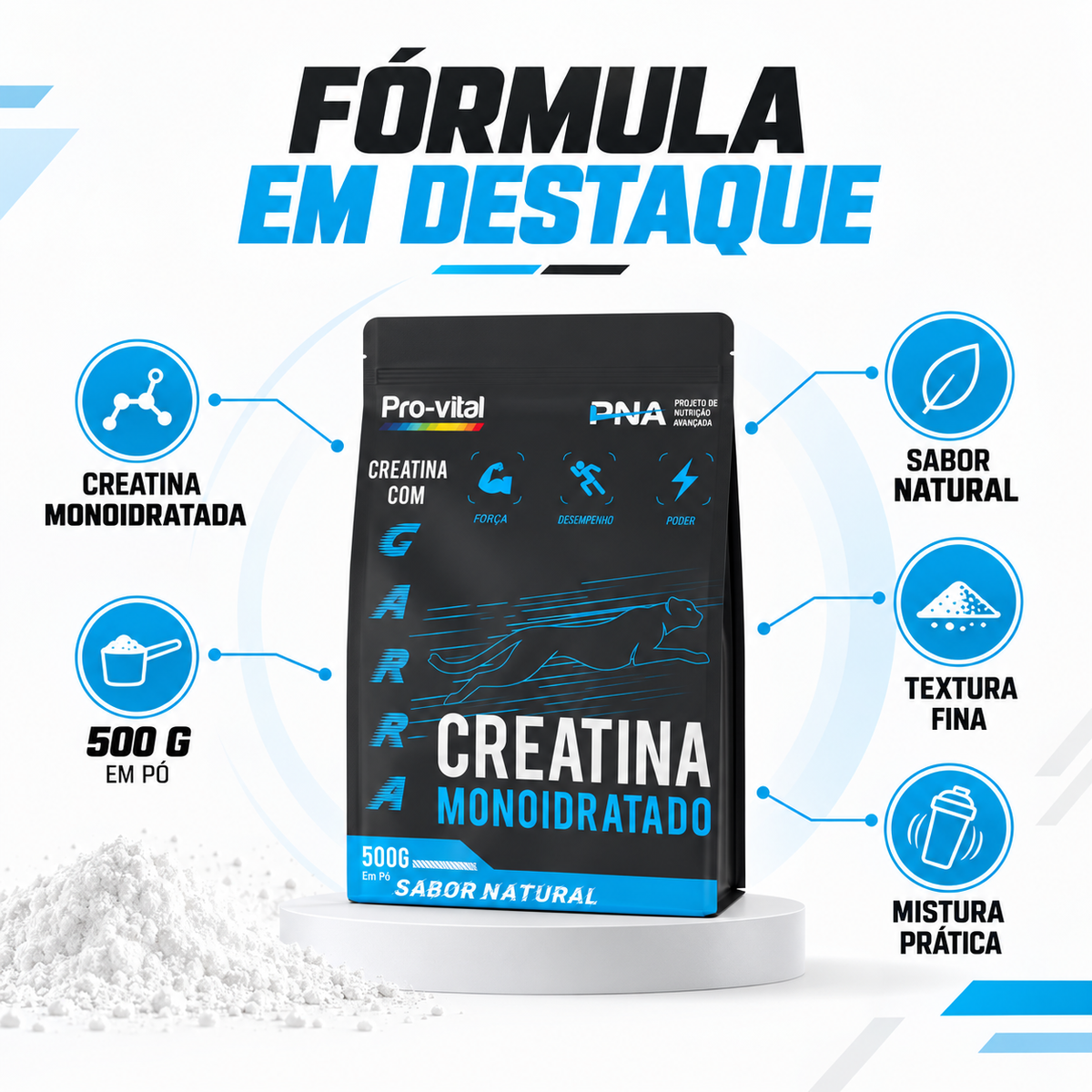 Destaques da fórmula da Creatina Monoidratada Pro-vital 500g mostrando textura fina, fácil dissolução e sabor natural.