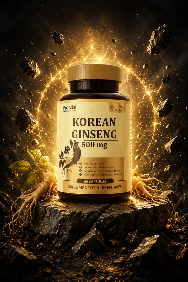 Frasco de Korean Ginseng 500mg para energia e foco mental com aura dourada e raízes de ginseng natural.
