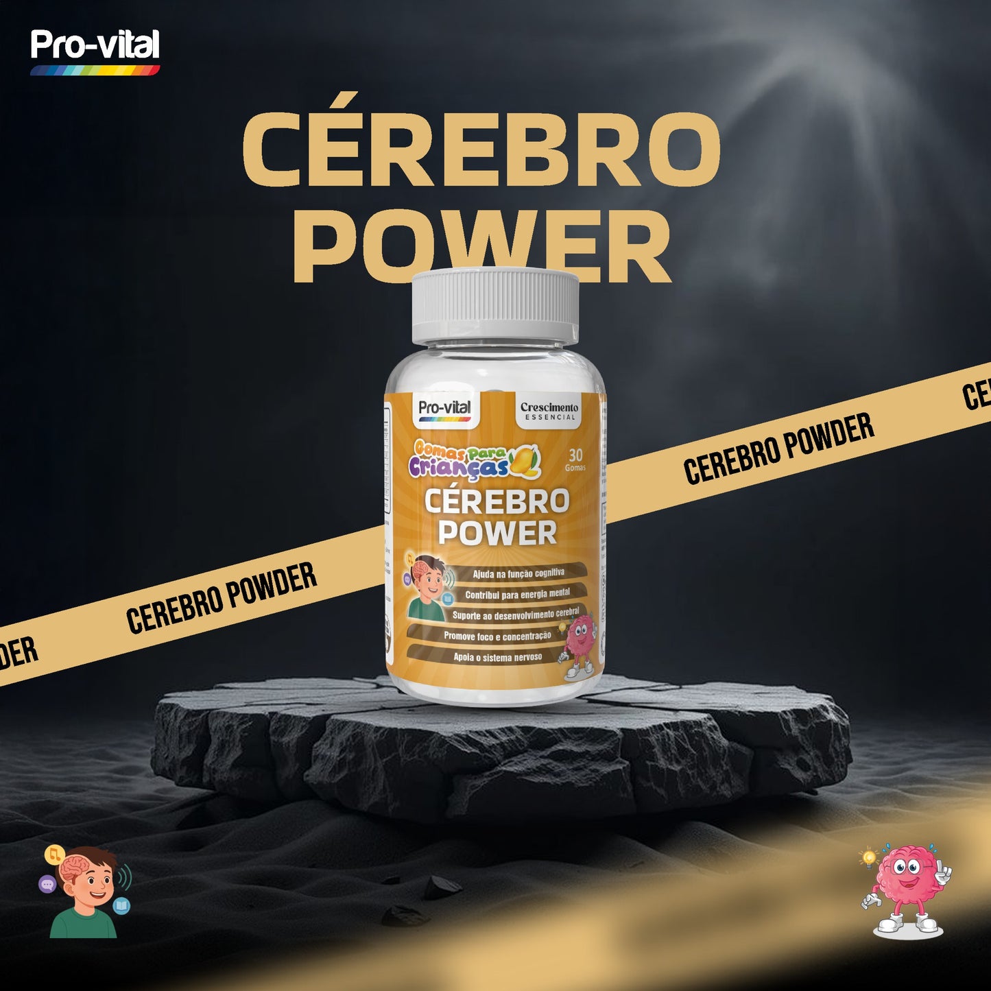 Gomas Cérebro Power Pro-Vital para crianças, suplemento para foco e concentração com Vitaminas B1, B6 e B12 em frasco de 30 gomas.