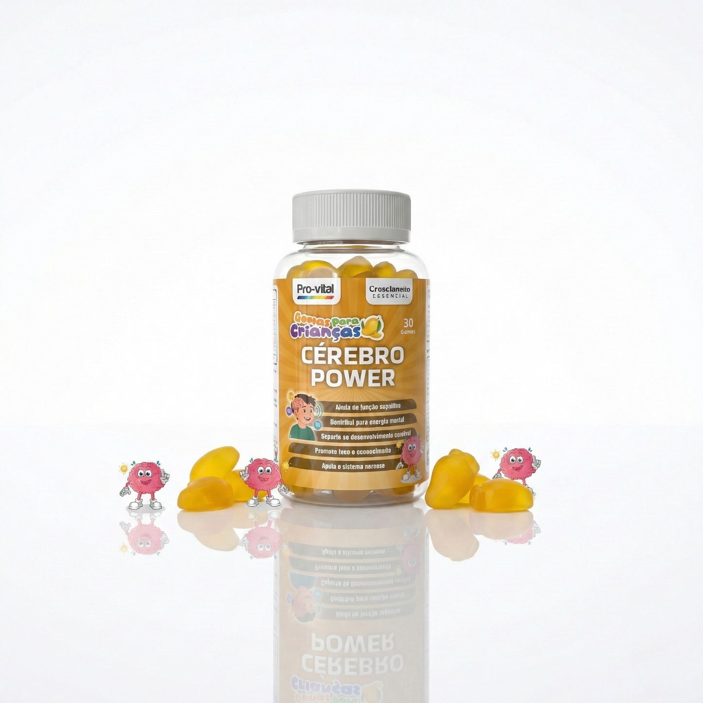 Apresentação premium das gomas Cérebro Power Pro-Vital com personagens ilustrativos, focada no suporte ao sistema nervoso e energia mental.