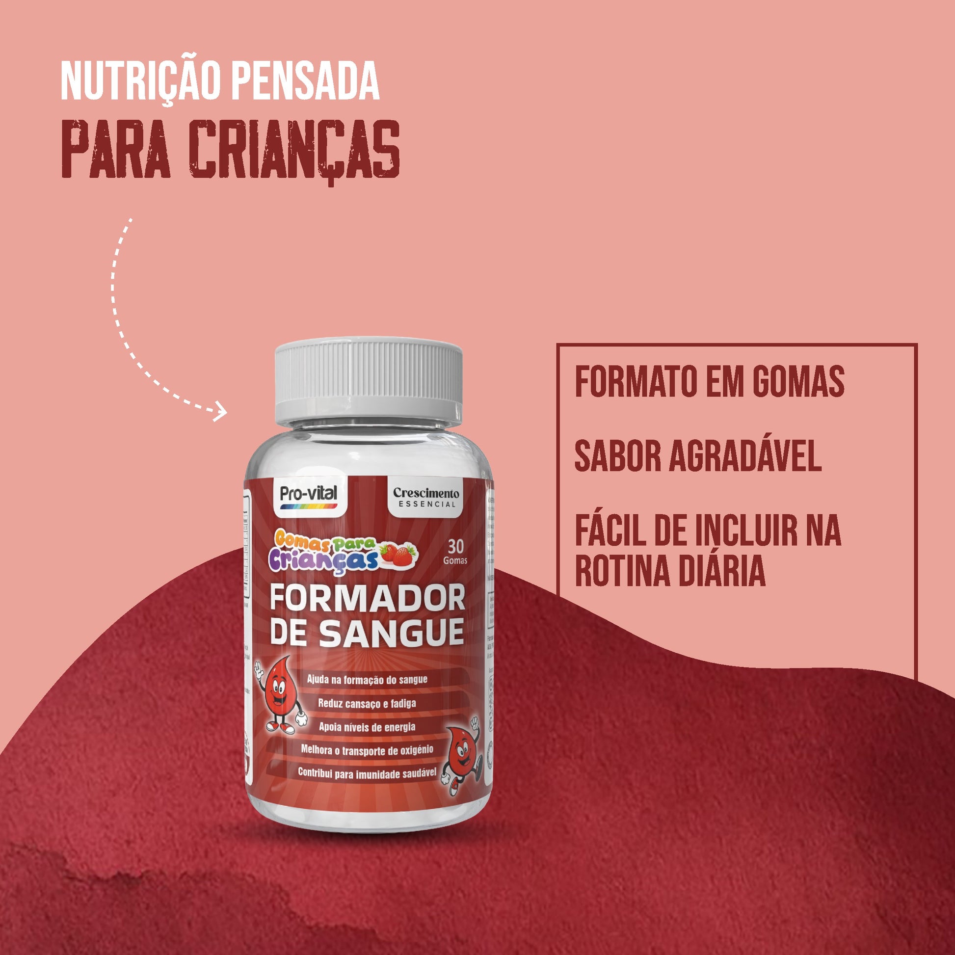 Nutrição pensada para crianças com Formador de Sangue em gomas de sabor agradável, fácil de incluir na rotina diária.