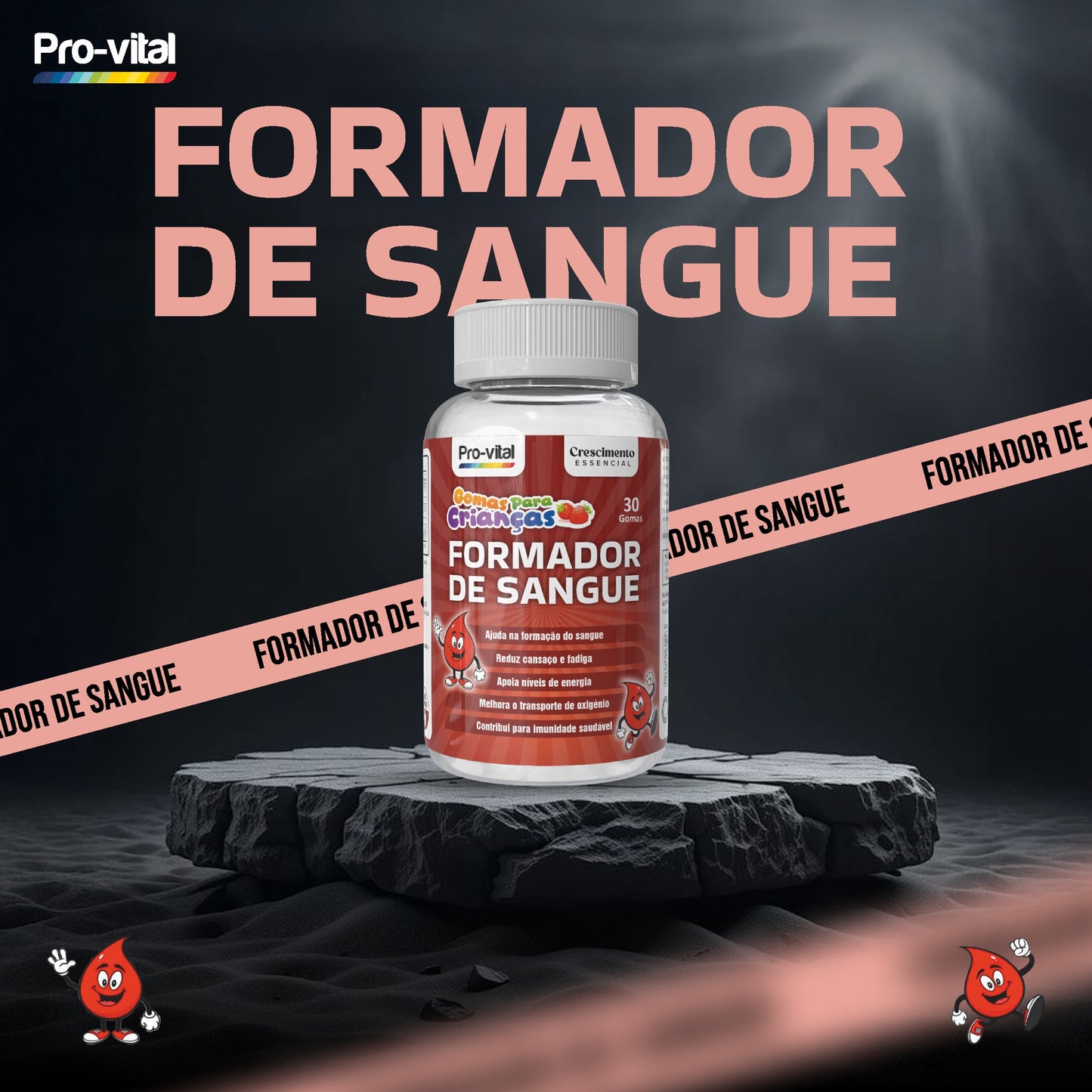 Gomas Formador de Sangue Pro-Vital para crianças, suplemento de ferro com 30 gomas sabor morango para suporte ao crescimento saudável.