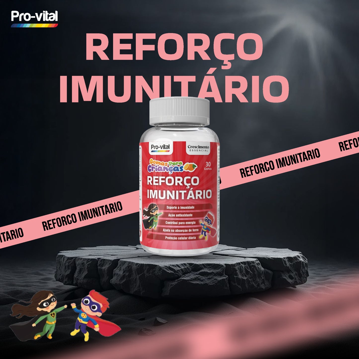Gomas Reforço Imunitário Pro-Vital para crianças, suplemento com Vitamina C e ação antioxidante, frasco de 30 gomas para imunidade forte.